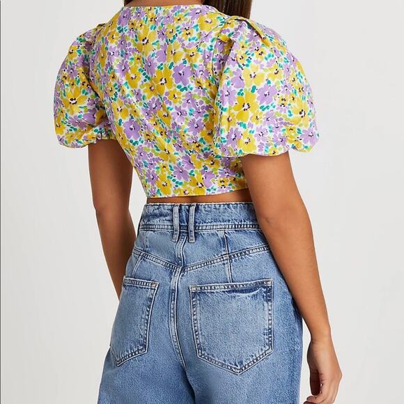 River Island floral Puffed Sleeve tie front crop top Yellow and Purple size 14 - Picture 4 of 14